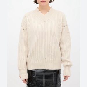 Helmut Lang Cream V-Neck Ribbed Sweater